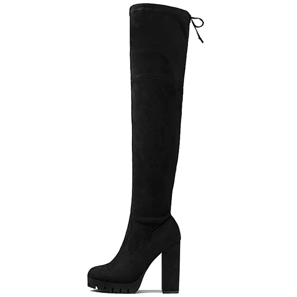Black Top Lace Tie Thigh High Stretchy Boots - Picture 7 of 8